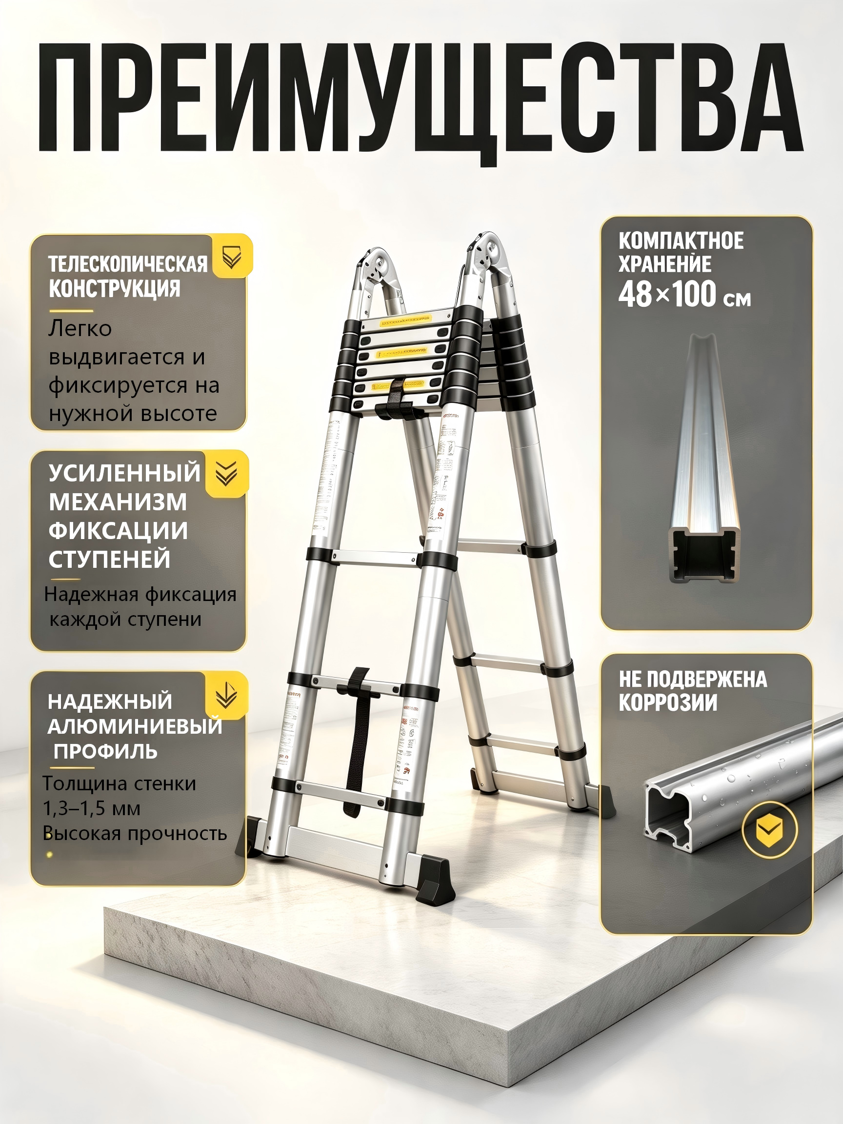 Лестница телескопическая алюминиевая 4.4 м шарнирная, 14 ступеней, складная промышленная лестница-стремянка EN131
