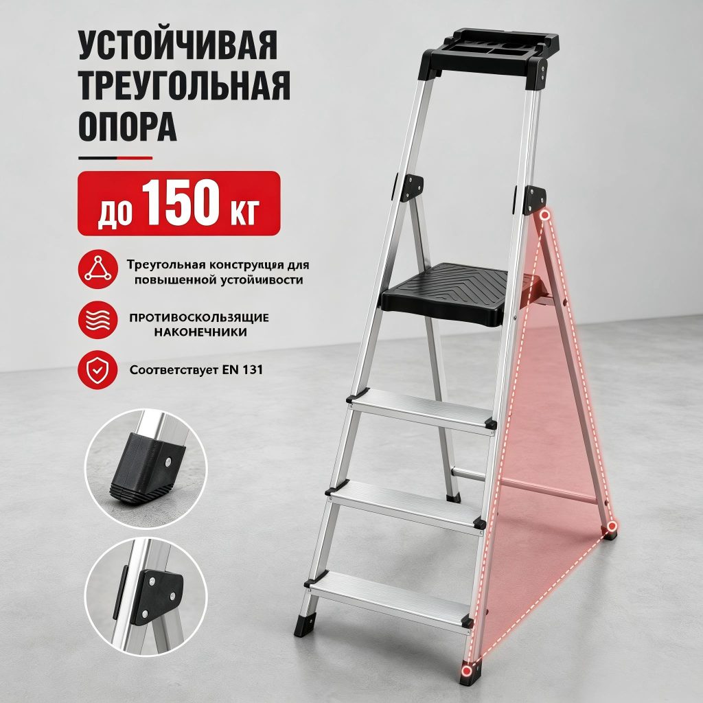 Алюминиевая стремянка 4 ступени для дома и дачи...