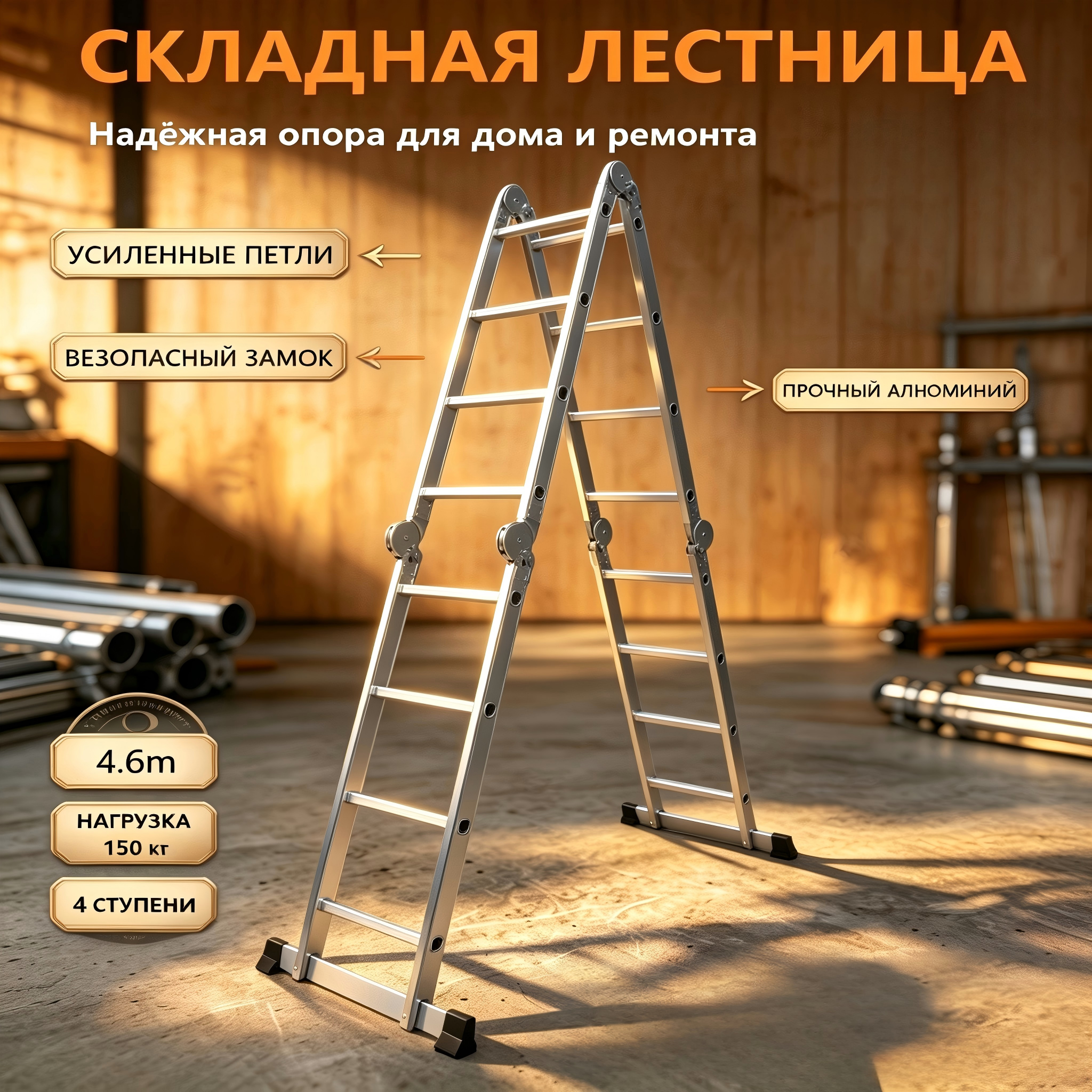 Лестница-трансформер ZHENG’S WAY AY-504: 4×4 ступени, 4,6 м и нагрузка 150 кг
