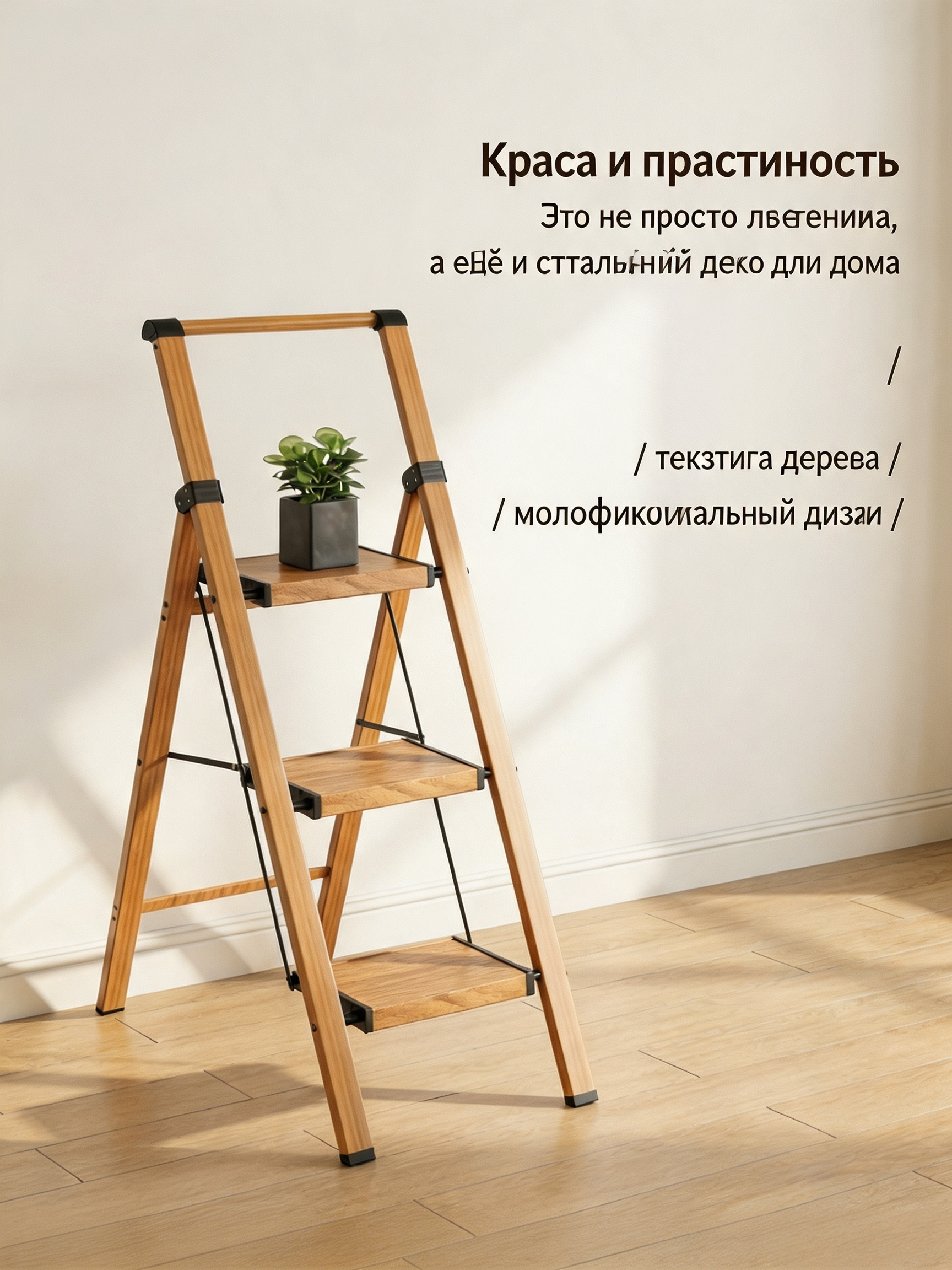 Стремянка алюминиевая складная 3 ступени, цвет под дерево, бытовая мини-лестница AY-H003-W