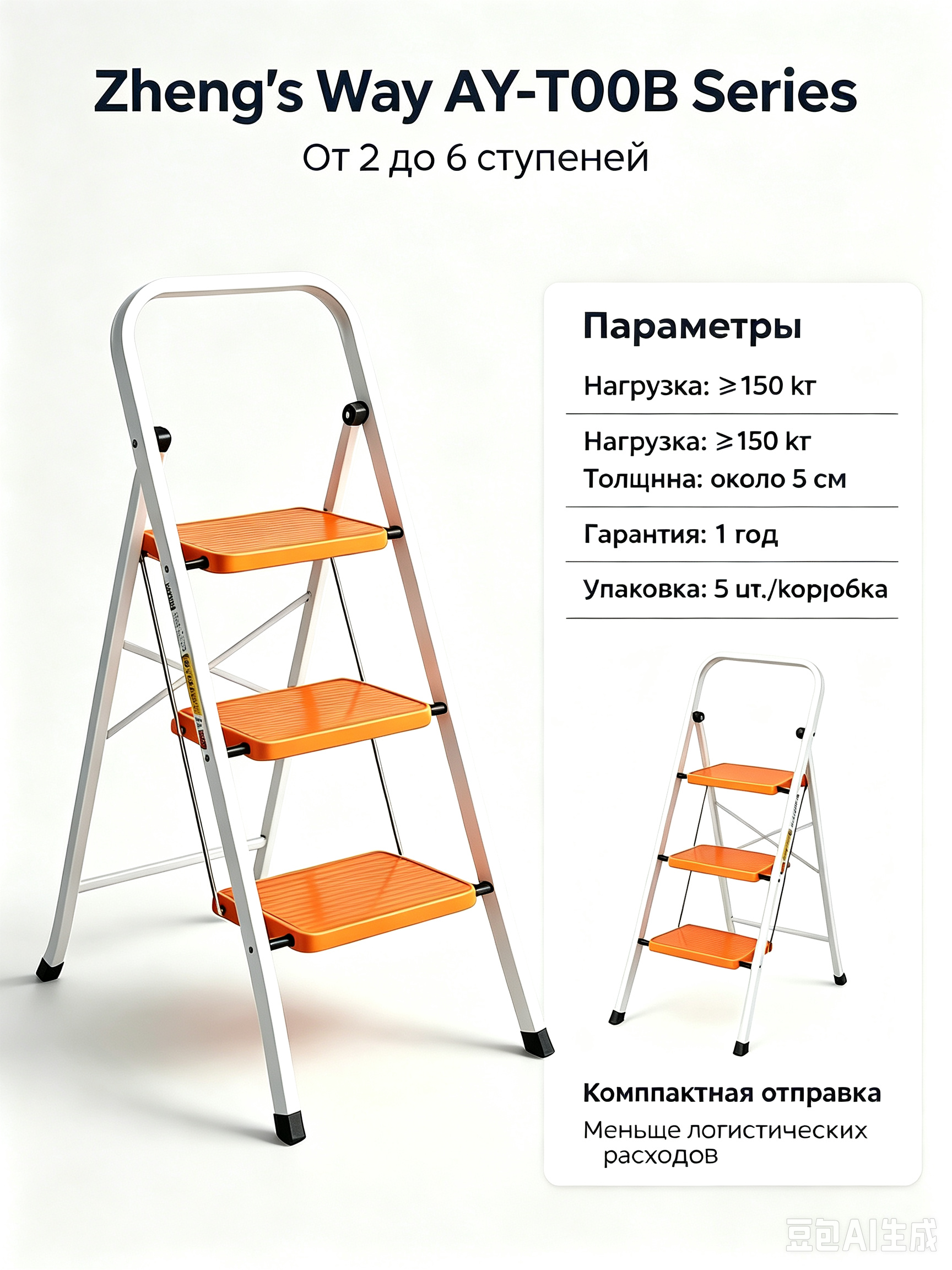 Складная стальная лестница-стремянка для дома, 2-6 ступеней (до 150 кг)