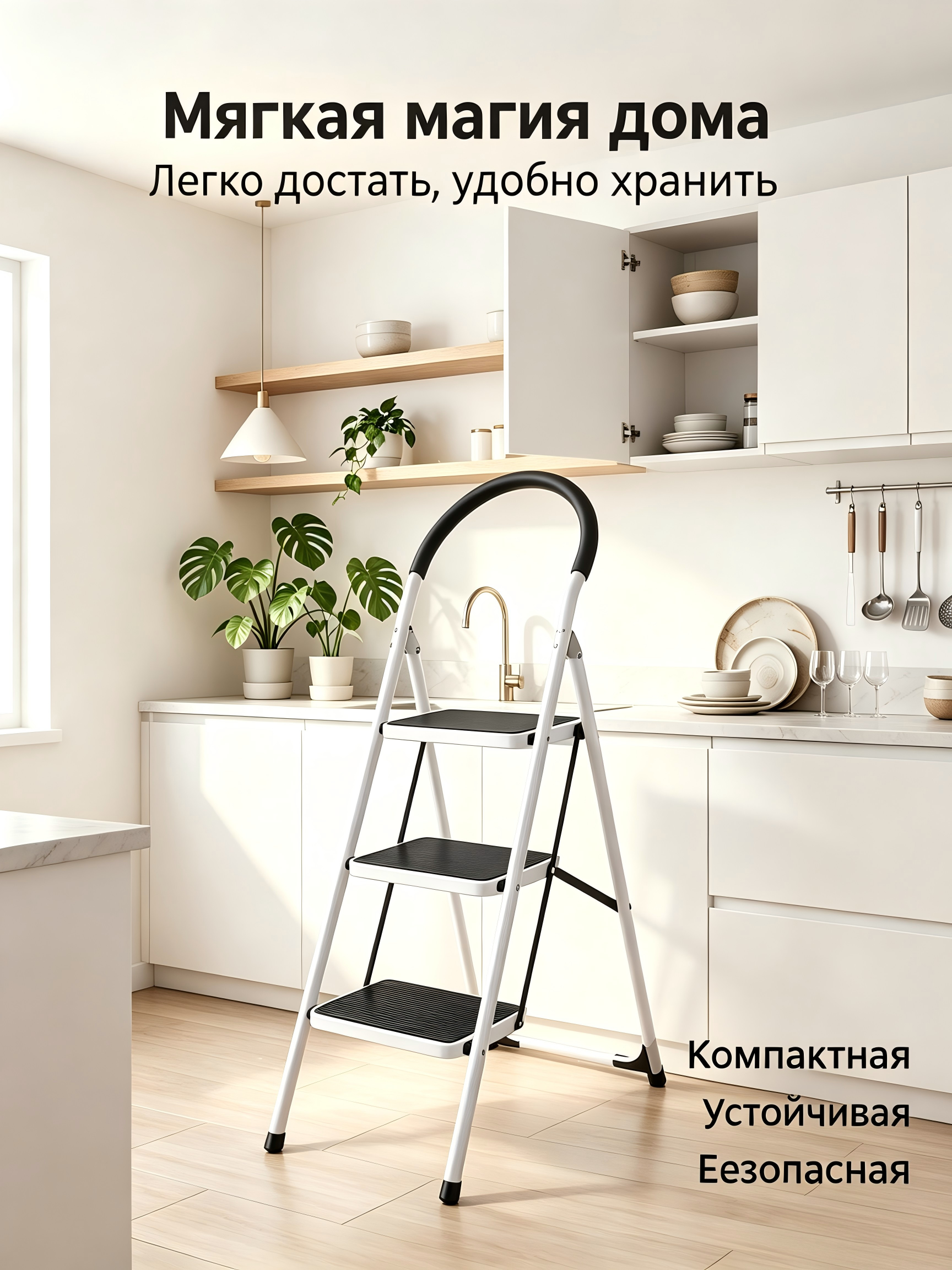 Складная стальная лестница-стремянка для дома и кухни, 3 и 4 ступени (до 120 кг)