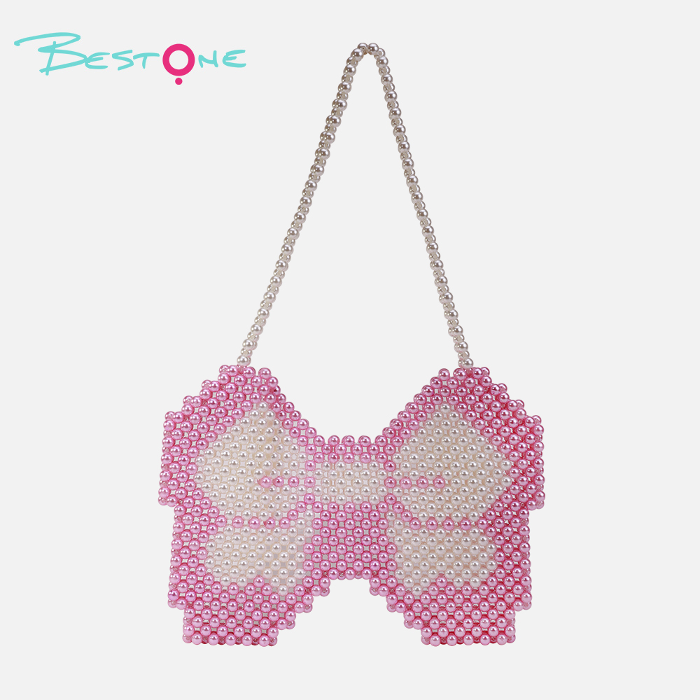 Сумка из акриловых бусин с бантом — розово-белая, 25.5×18.5 см