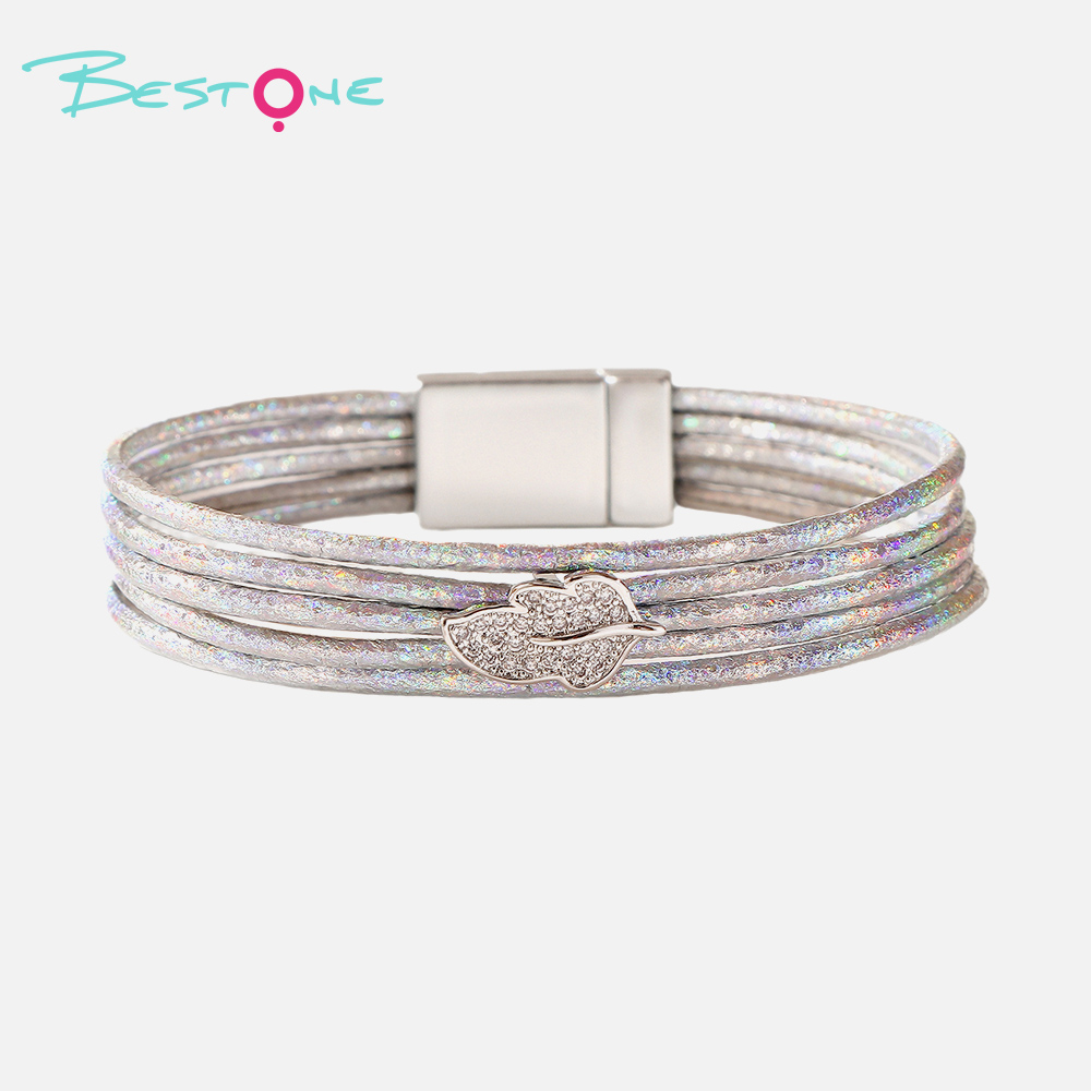 Женский многослойный кожаный браслет с листом и стразами, магнитная застёжка, модное украшение оптом