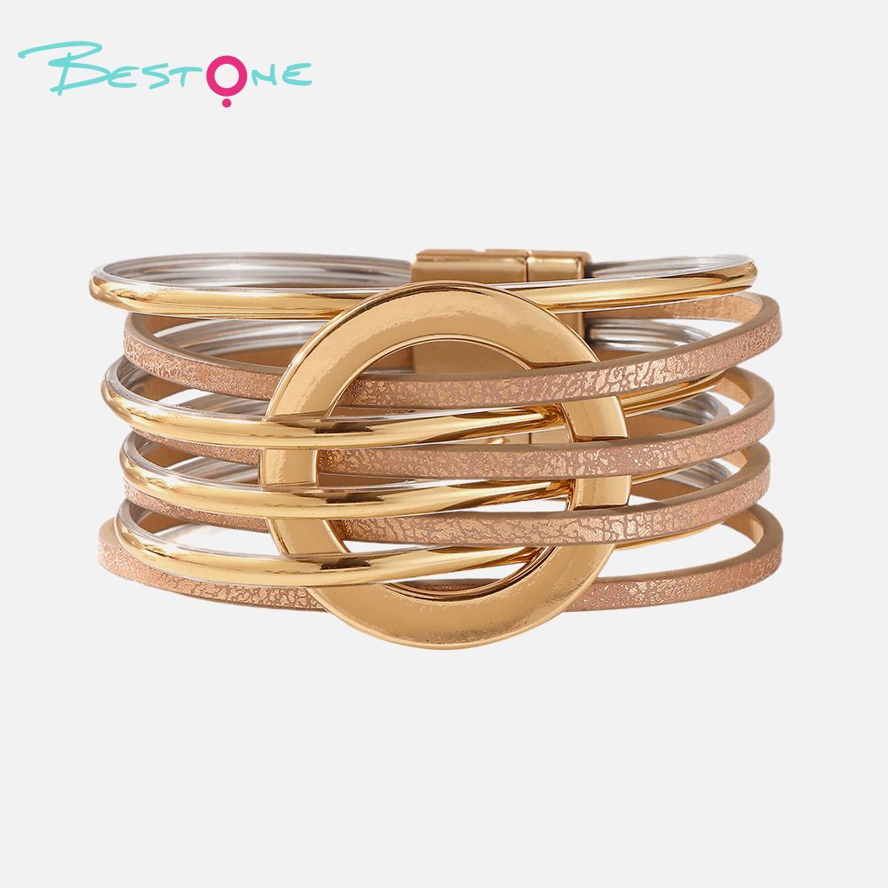 Женский многослойный кожаный браслет с геометрическими металлическими элементами