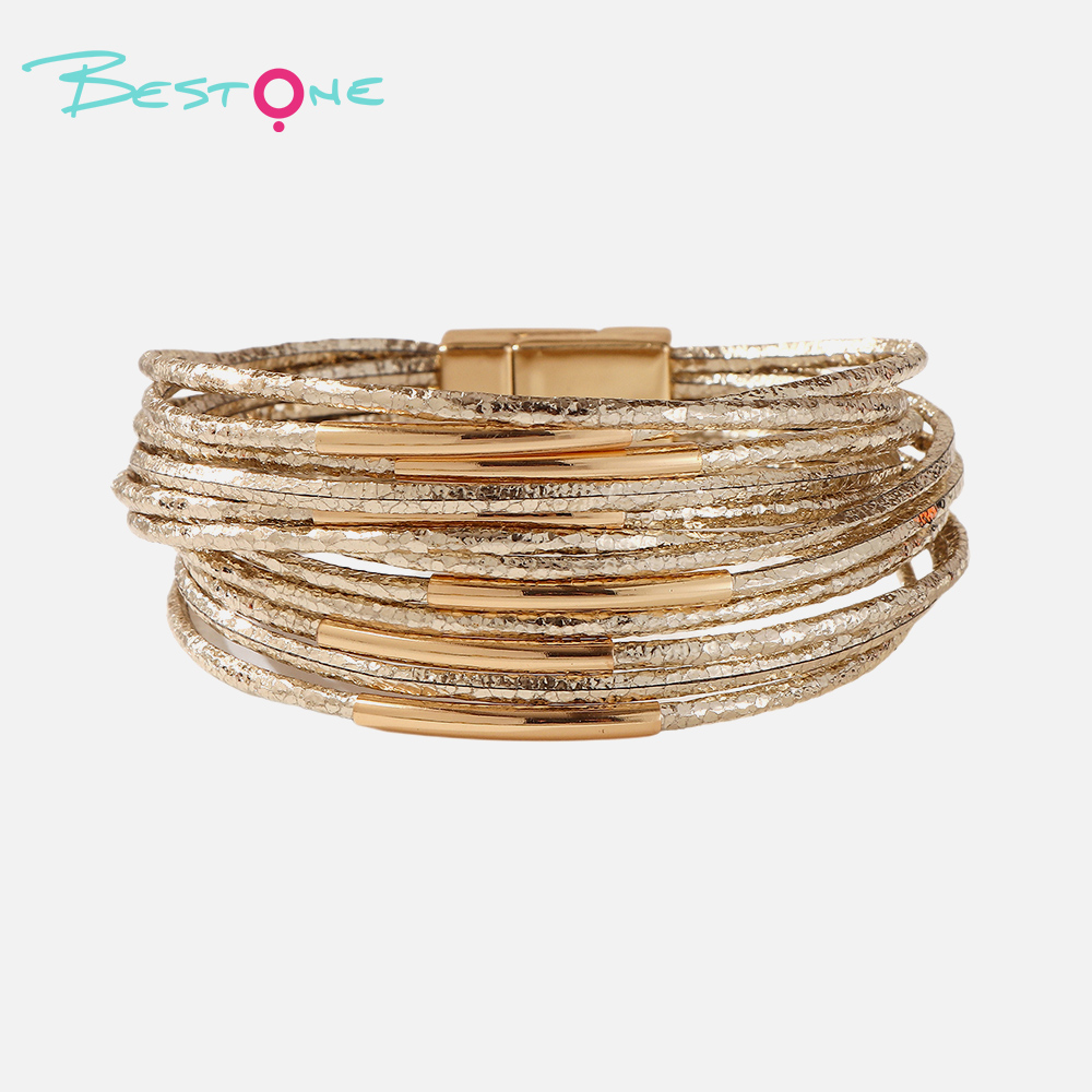 Женский многослойный браслет с металлическими элементами и магнитной застёжкой