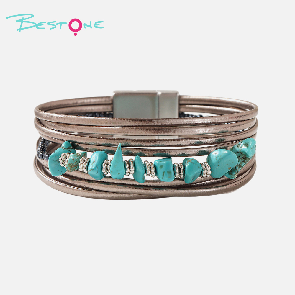 Женский многослойный браслет с бирюзой, кожаный браслет с натуральным камнем, магнитная застёжка, оптом