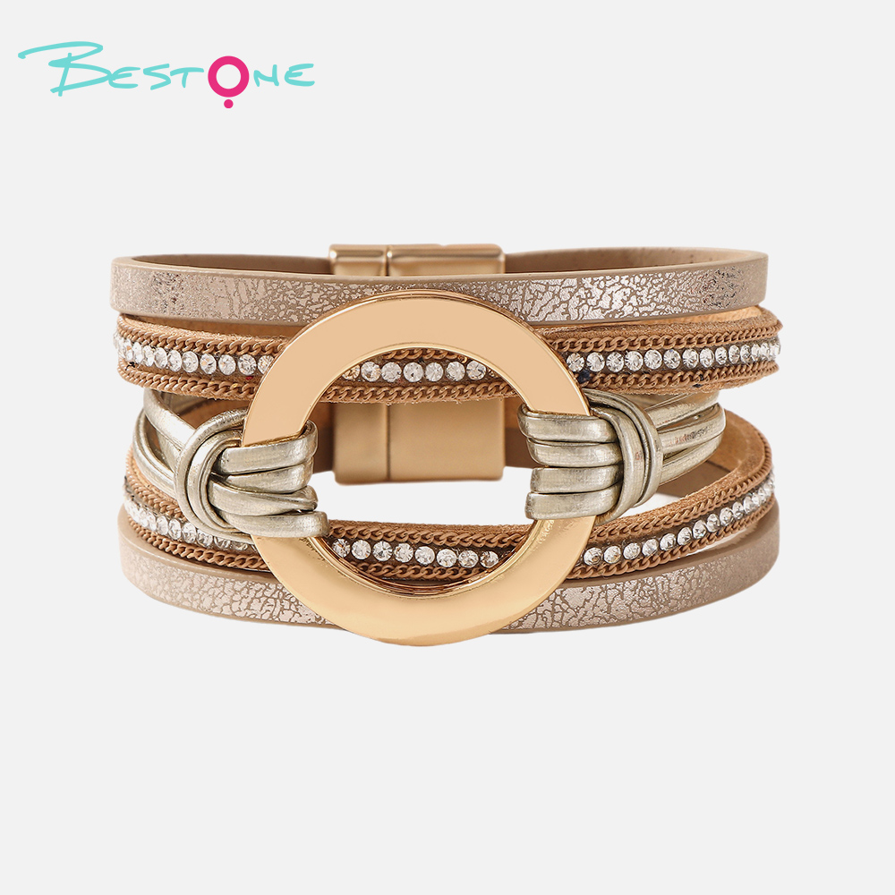 Женский многослойный кожаный браслет с кольцом и стразами, стиль boho, модное украшение оптом