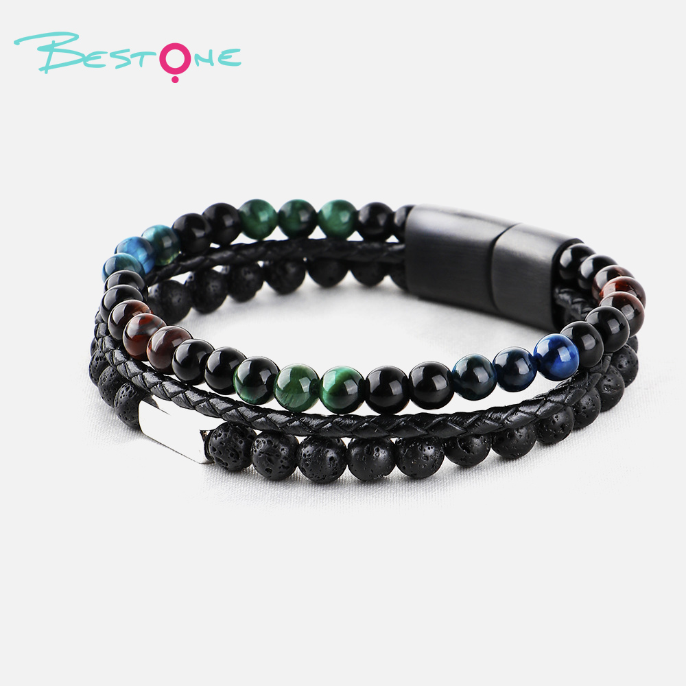 Мужской браслет с тигровым глазом и вулканическим камнем, кожаный плетёный браслет с магнитной застёжкой, оптом