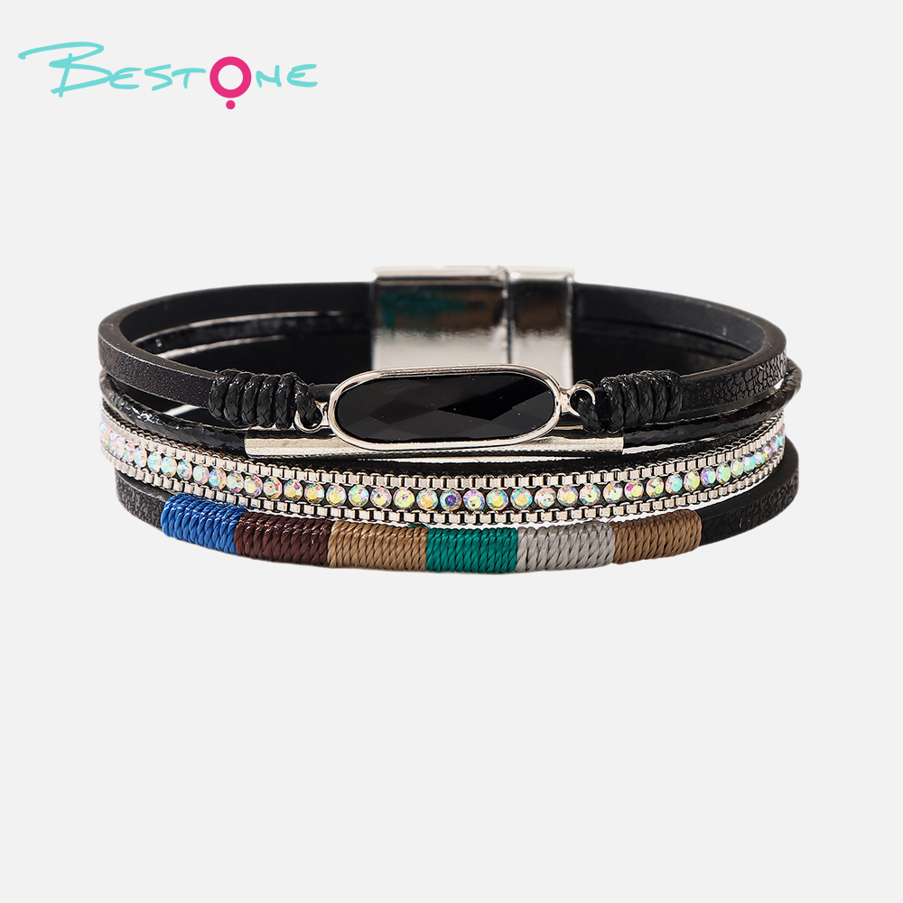 Женский многослойный кожаный браслет в стиле boho с плетением и стразами, магнитная застёжка, оптом