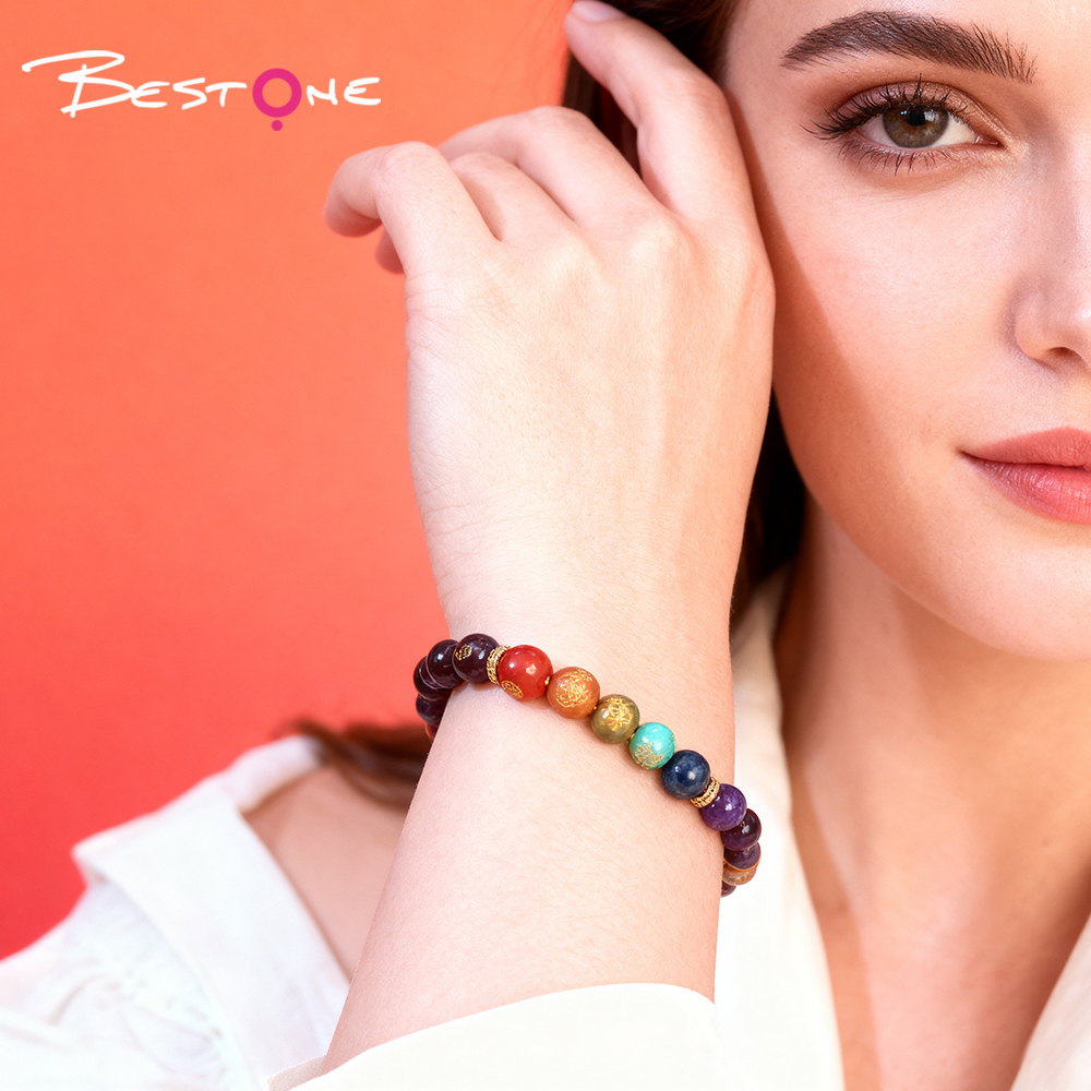 Браслеты из натуральных камней: аметист и голубой авантюрин с радужными кристаллами и гравированным символом