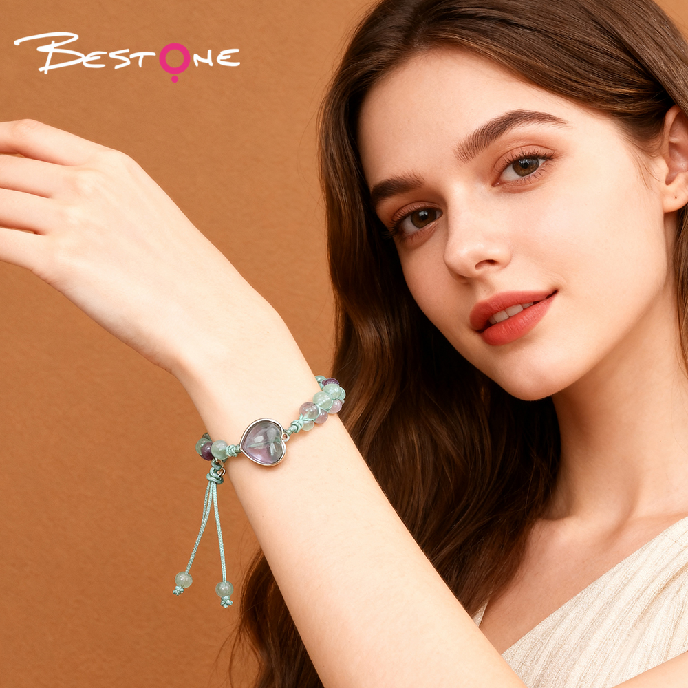 Браслеты с двойным рядом натуральных камней и подвеской-сердцем: тигровый глаз, розовый кварц и флюорит