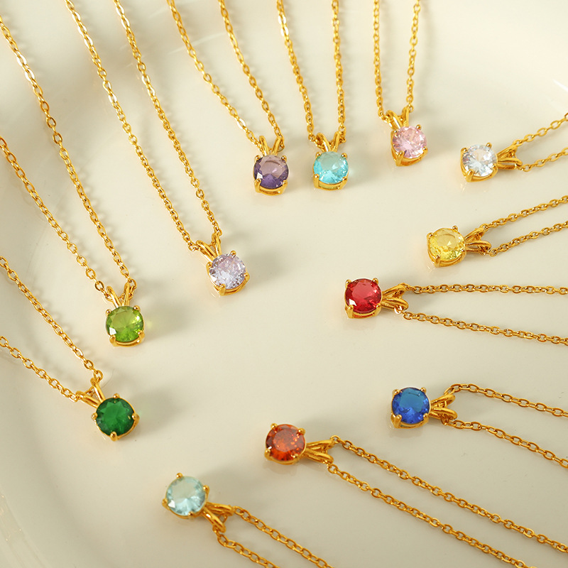 Ожерелье с круглым кулоном фианит (CZ) – цепочка из нержавеющей стали под золото