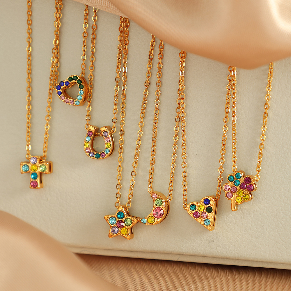 Ожерелье с подвеской и цветными цирконами – цепочка из нержавеющей стали под золото, 40+5 см