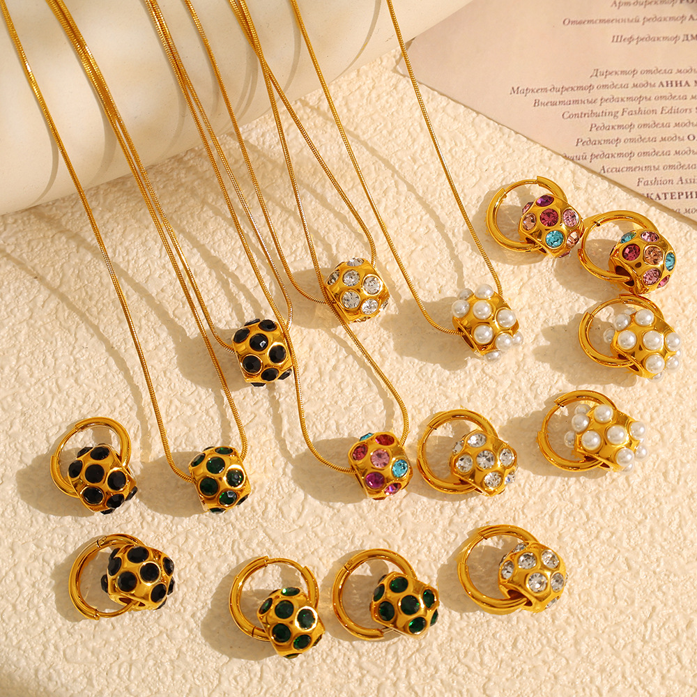Набор украшений: ожерелье и серьги-кольца с подвеской – нержавеющая сталь под золото, кристаллы/стразы или жемчуг