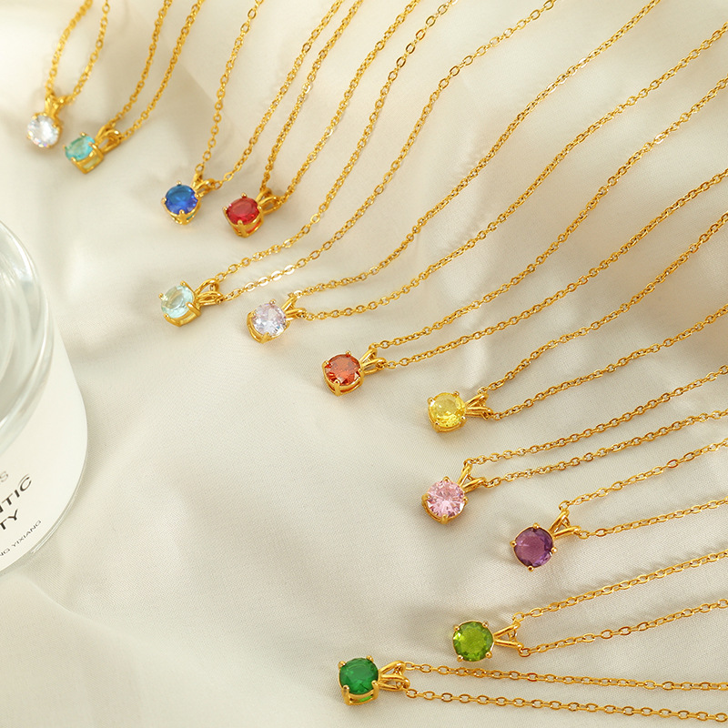 Ожерелье с круглым кулоном фианит (CZ) – цепочка из нержавеющей стали под золото