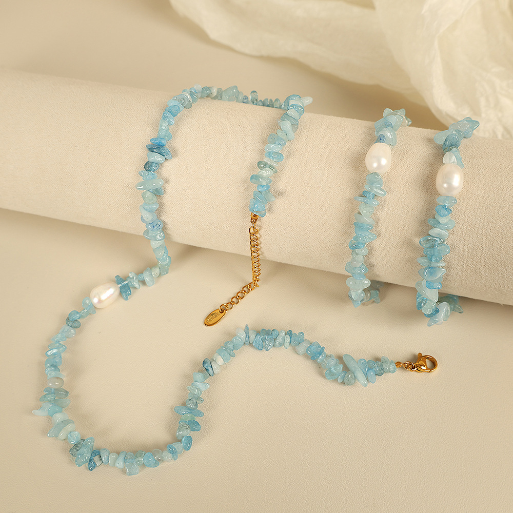 ожерелье и браслет из натуральных камней с пресноводным жемчугом – нержавеющая сталь, ожерелье 41+5 см, браслет 17+5 см