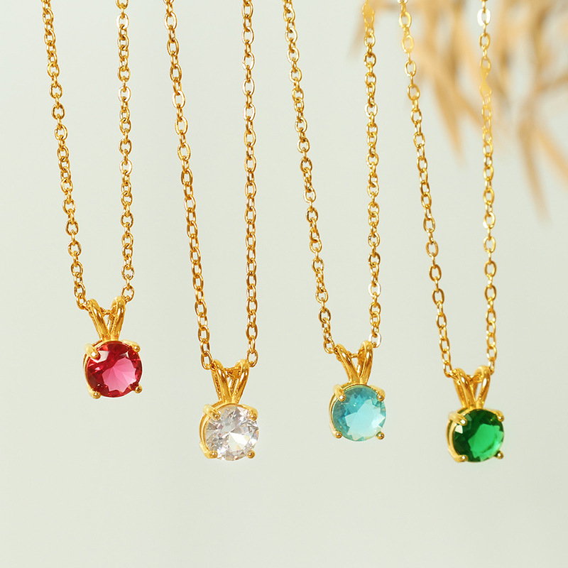 Ожерелье с круглым кулоном фианит (CZ) – цепочка из нержавеющей стали под золото