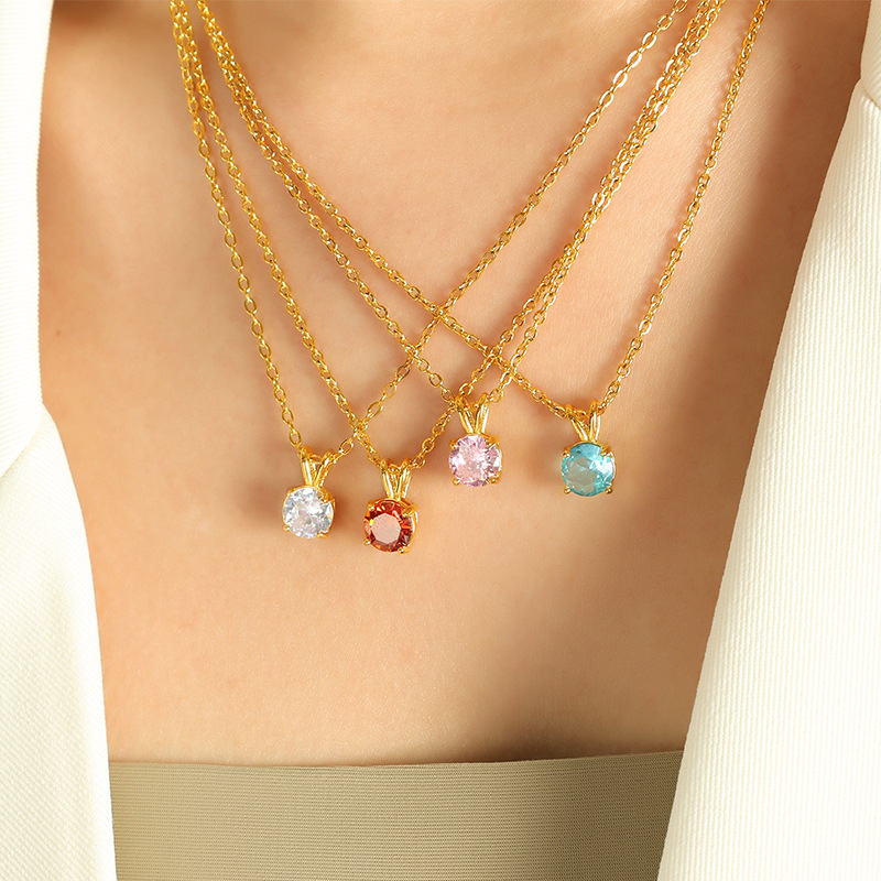 Ожерелье с круглым кулоном фианит (CZ) – цепочка из нержавеющей стали под золото