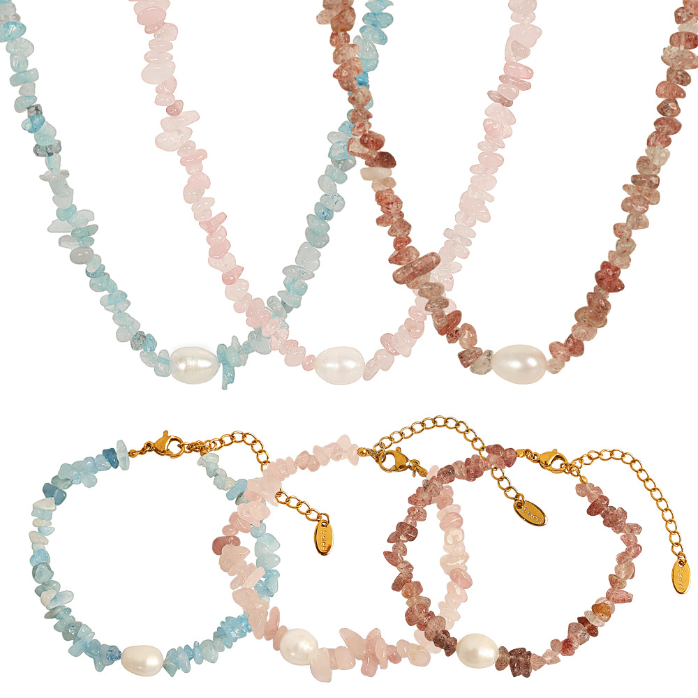 ожерелье и браслет из натуральных камней с пресноводным жемчугом – нержавеющая сталь, ожерелье 41+5 см, браслет 17+5 см