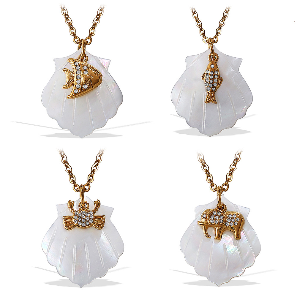 Ожерелье с белой раковиной для женщин, золотистая цепочка из нержавеющей стали 40+5 см, морское украшение со стразами