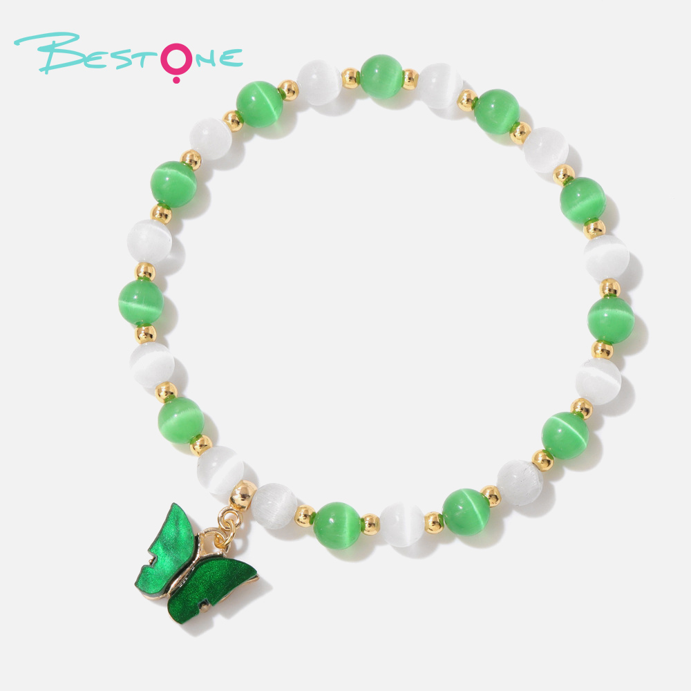 Браслет с подвеской «Бабочка» из кошачьего глаза 6 мм, с золотистыми бусинами, на эластичной нити