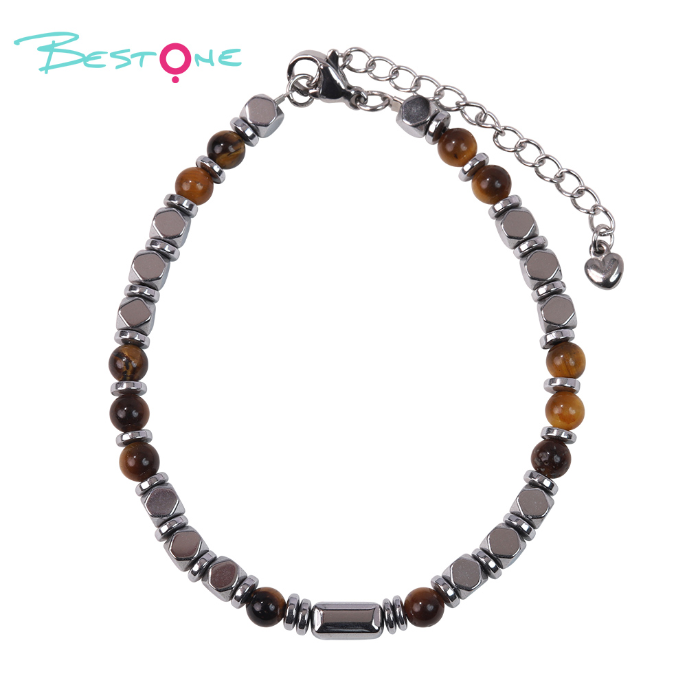 Браслет из натуральных камней 4 мм с серебристой гематитовой фурнитурой, регулируемая длина