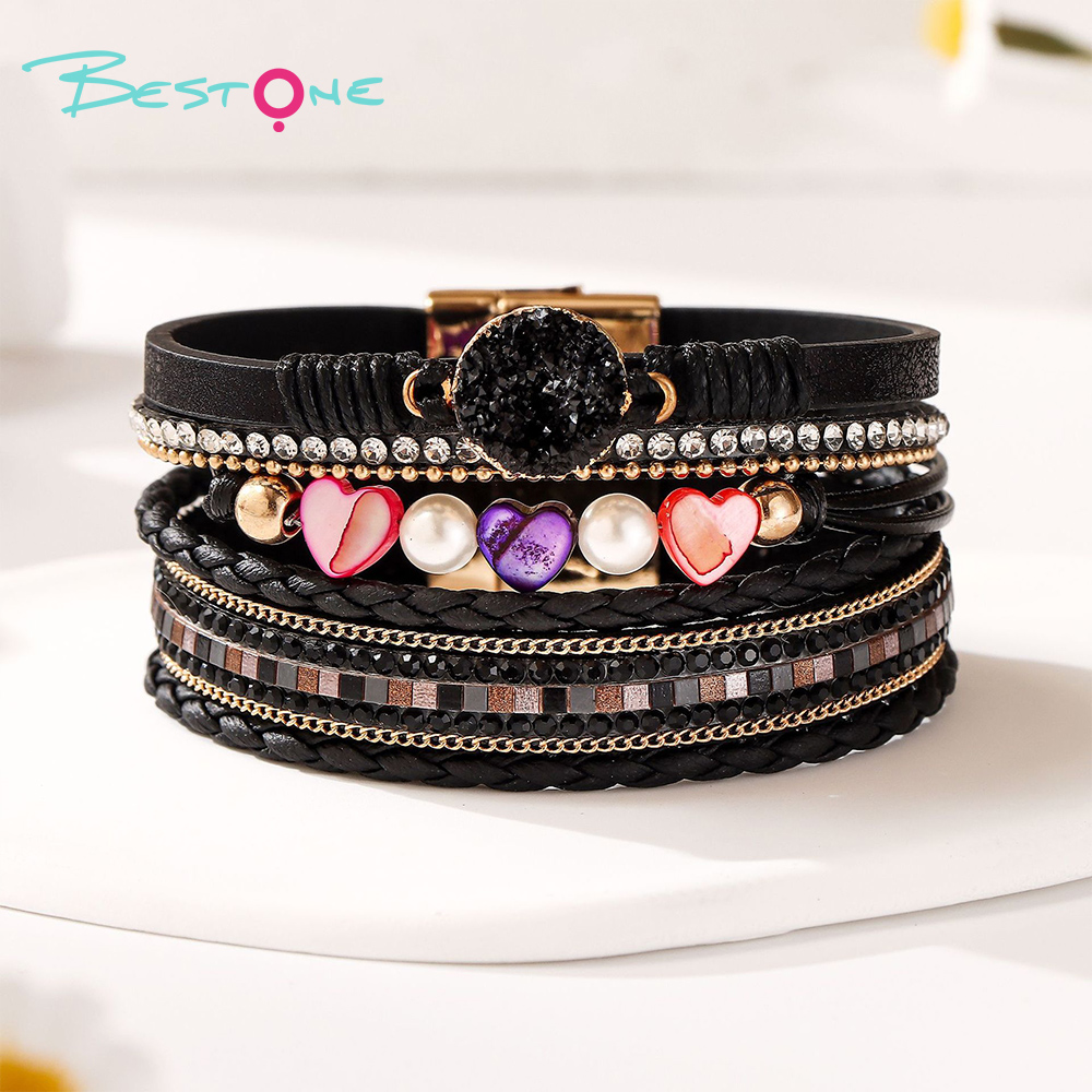 Женский многослойный браслет с сердцем и стразами, кожаный плетёный браслет, модное украшение оптом
