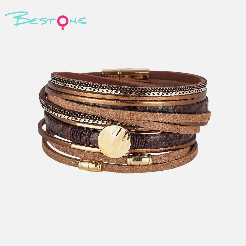 Женский многослойный кожаный браслет под змеиную кожу с магнитной застёжкой, винтажный стиль, оптом