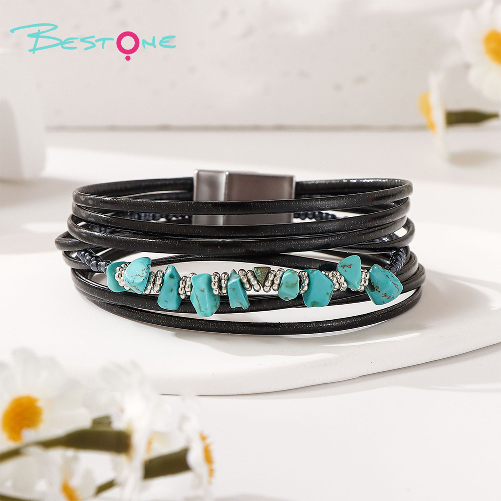 Женский многослойный браслет с бирюзой, кожаный браслет с натуральным камнем, магнитная застёжка, оптом