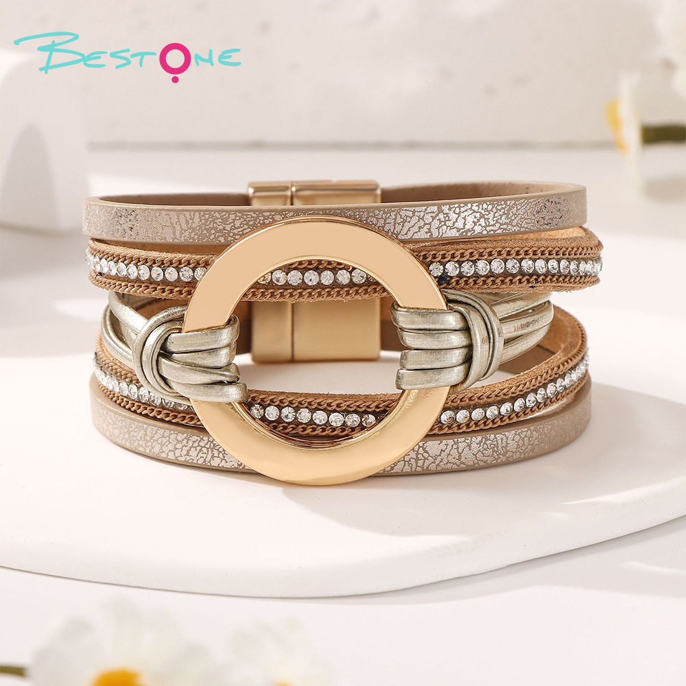 Женский многослойный кожаный браслет с кольцом и стразами, стиль boho, модное украшение оптом