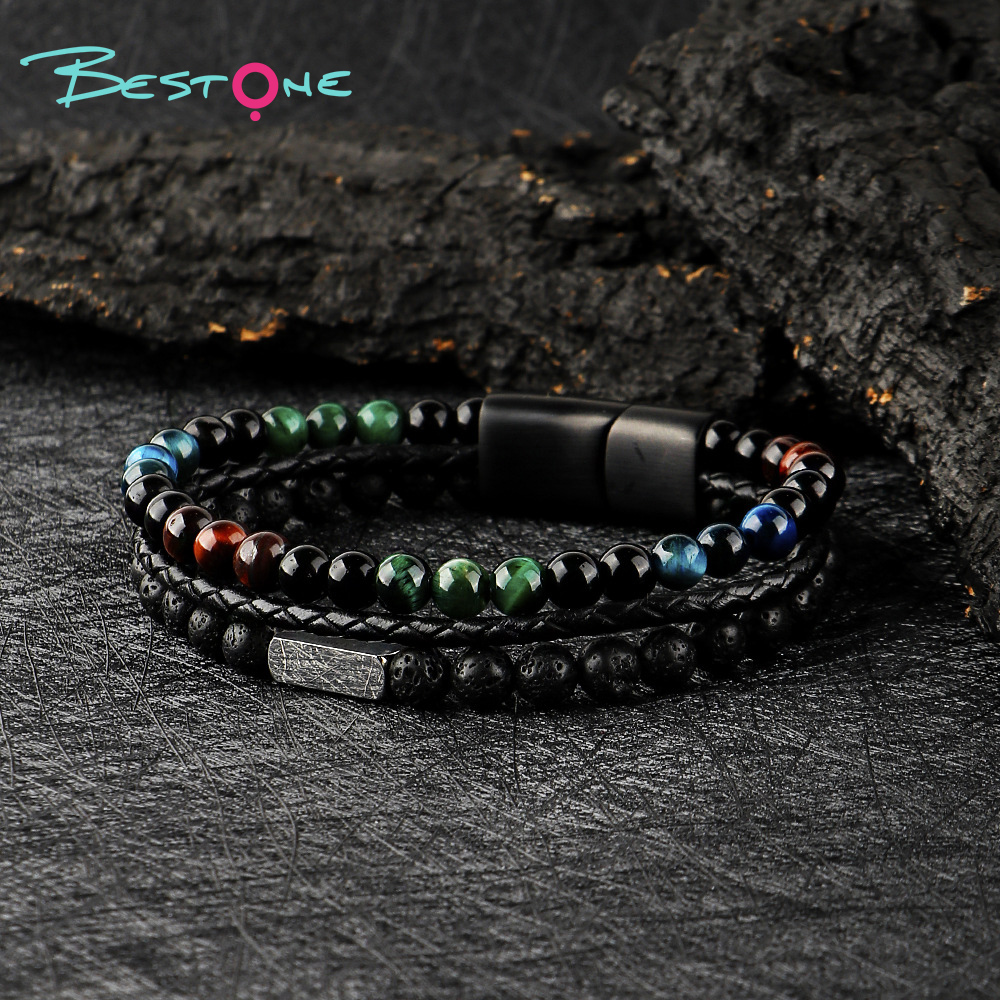 Мужской браслет с тигровым глазом и вулканическим камнем, кожаный плетёный браслет с магнитной застёжкой, оптом