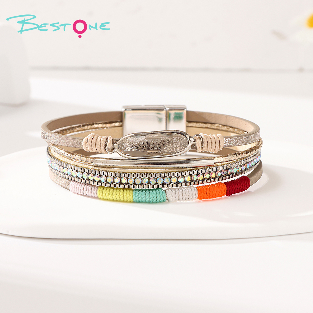 Женский многослойный кожаный браслет в стиле boho с плетением и стразами, магнитная застёжка, оптом