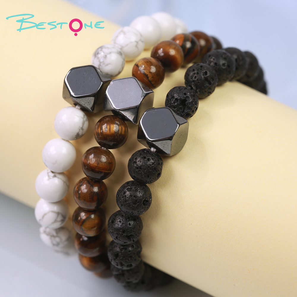 Мужской браслет из натуральных камней (лава, тигровый глаз) с гранёным гематитом, браслет 8 мм, оптом