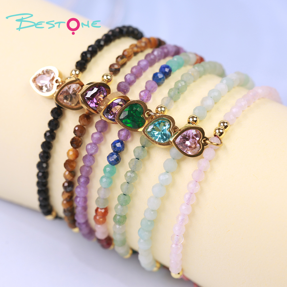 Женский регулируемый браслет с натуральными камнями и сердцем из циркония, тонкий плетёный браслет