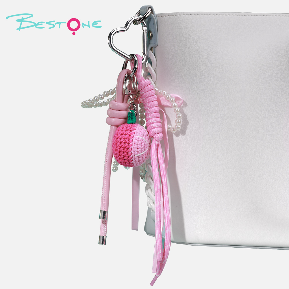 Подвески для сумок «Фруктовый бантик» — плетёная верёвка + имитация жемчуга + кожаный шнур