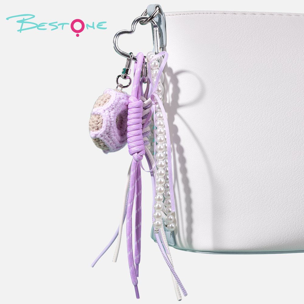 Подвески для сумок «Плюшевый пончик» — шерсть + кожаный шнур + имитация жемчуга