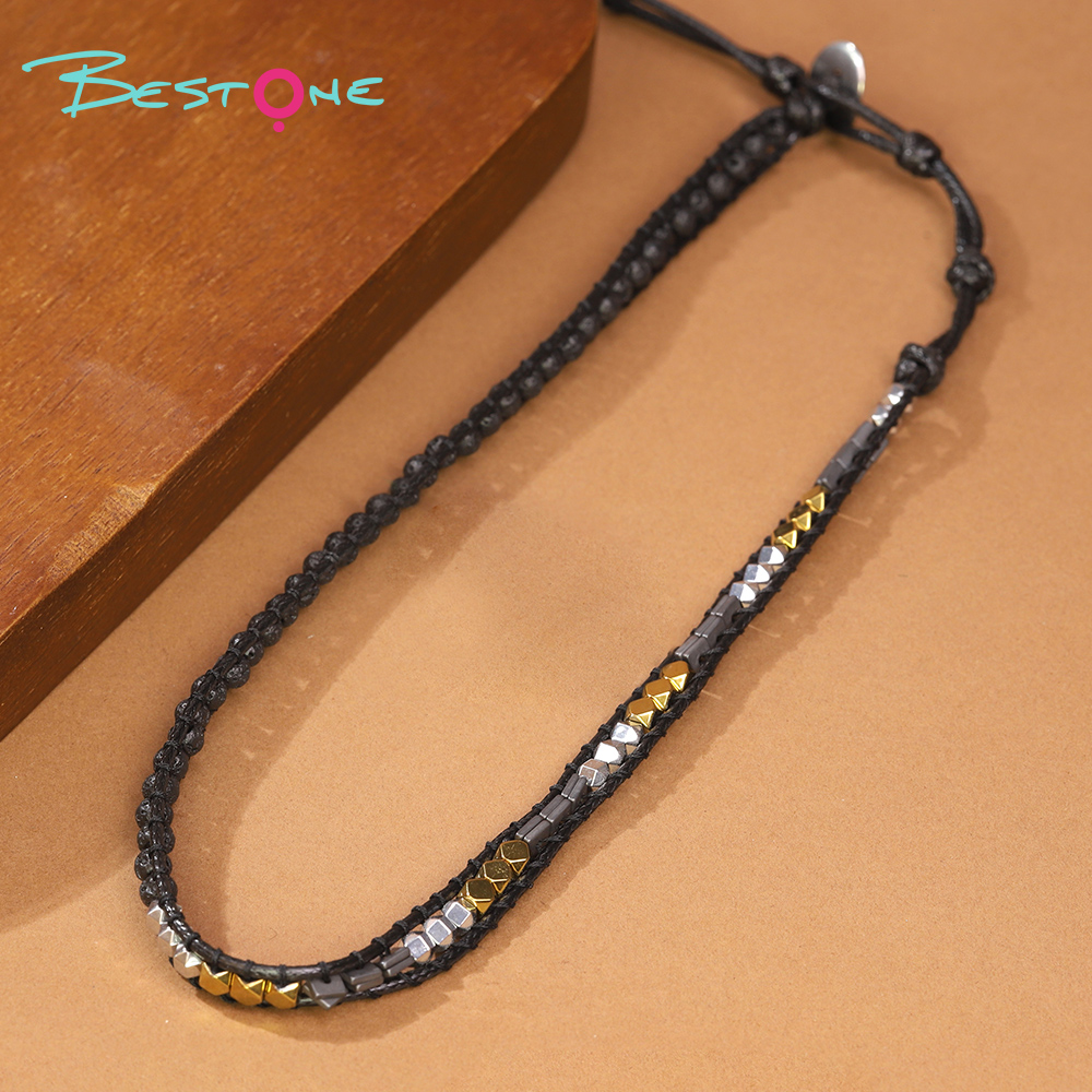 Ожерелье из вулканической лавы 4 мм с металлическими кубиками и плетёным вощёным шнуром