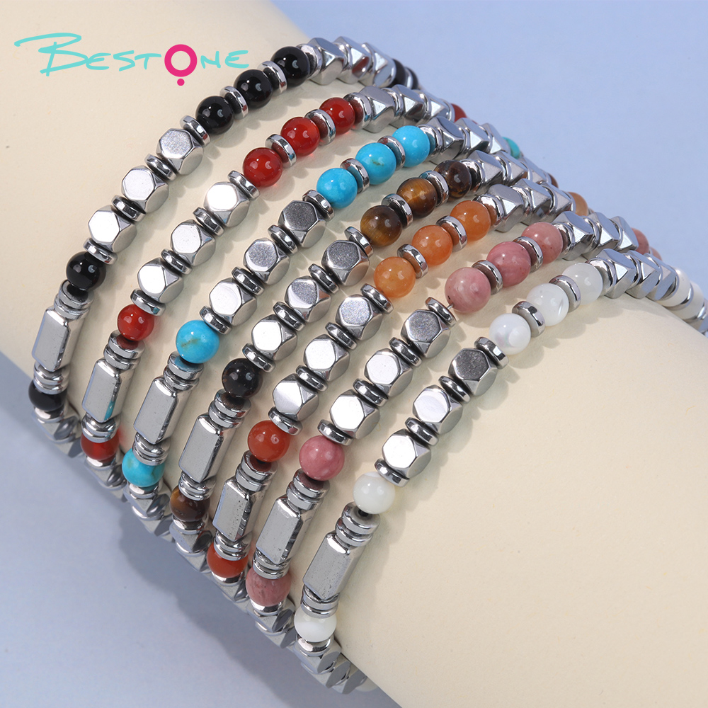 Браслет из натуральных камней 4 мм с серебристой гематитовой фурнитурой, регулируемая длина