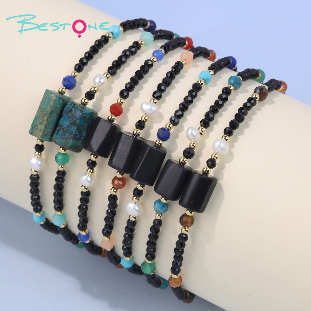 Браслет из чёрной шпинели с натуральными камнями и барочным жемчугом, позолоченная фурнитура, регулируемая длина