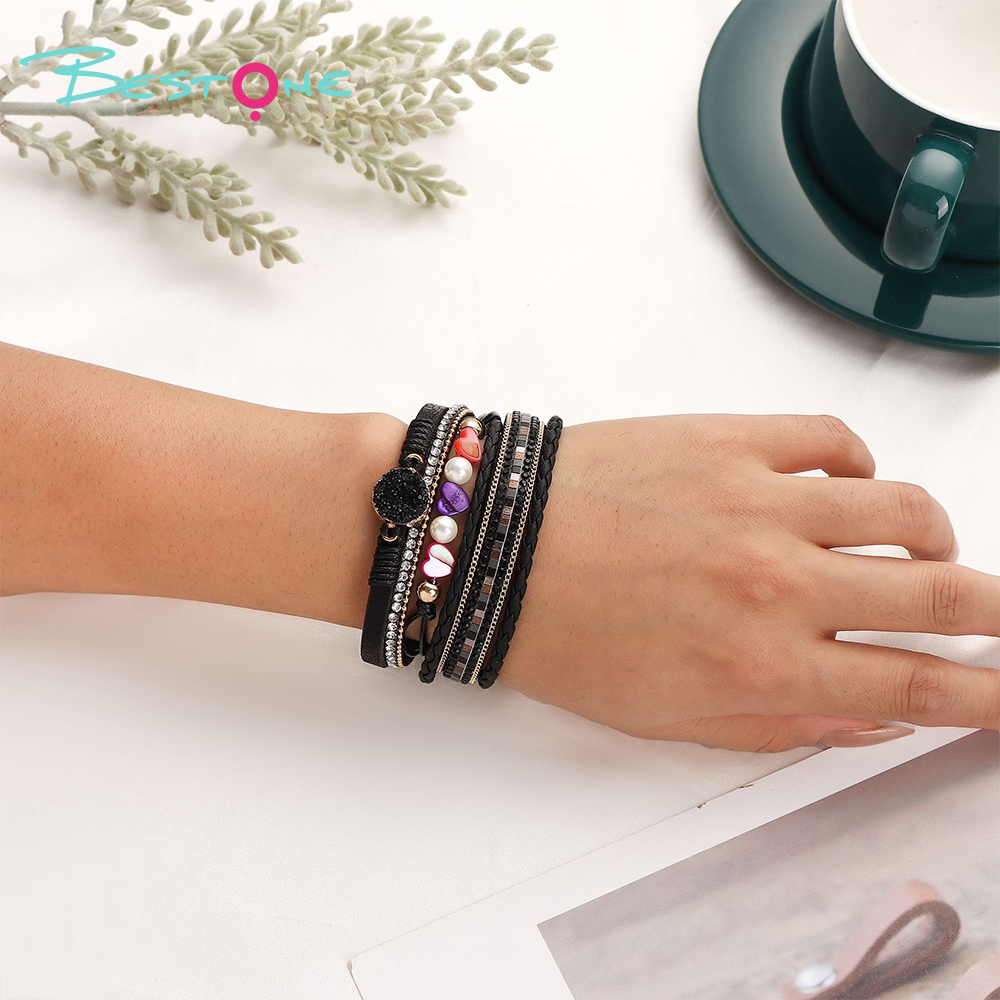 Женский многослойный браслет с сердцем и стразами, кожаный плетёный браслет, модное украшение оптом