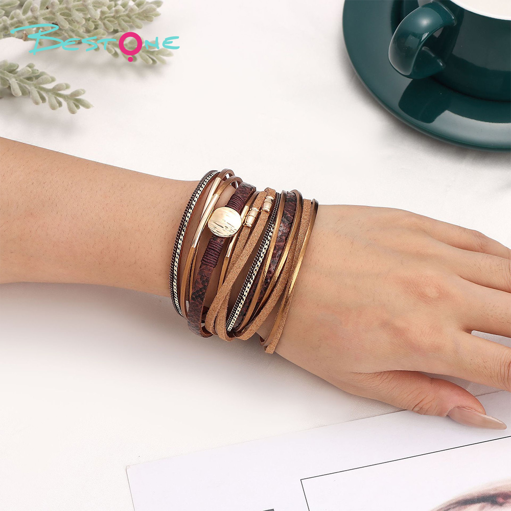 Женский многослойный кожаный браслет под змеиную кожу с магнитной застёжкой, винтажный стиль, оптом