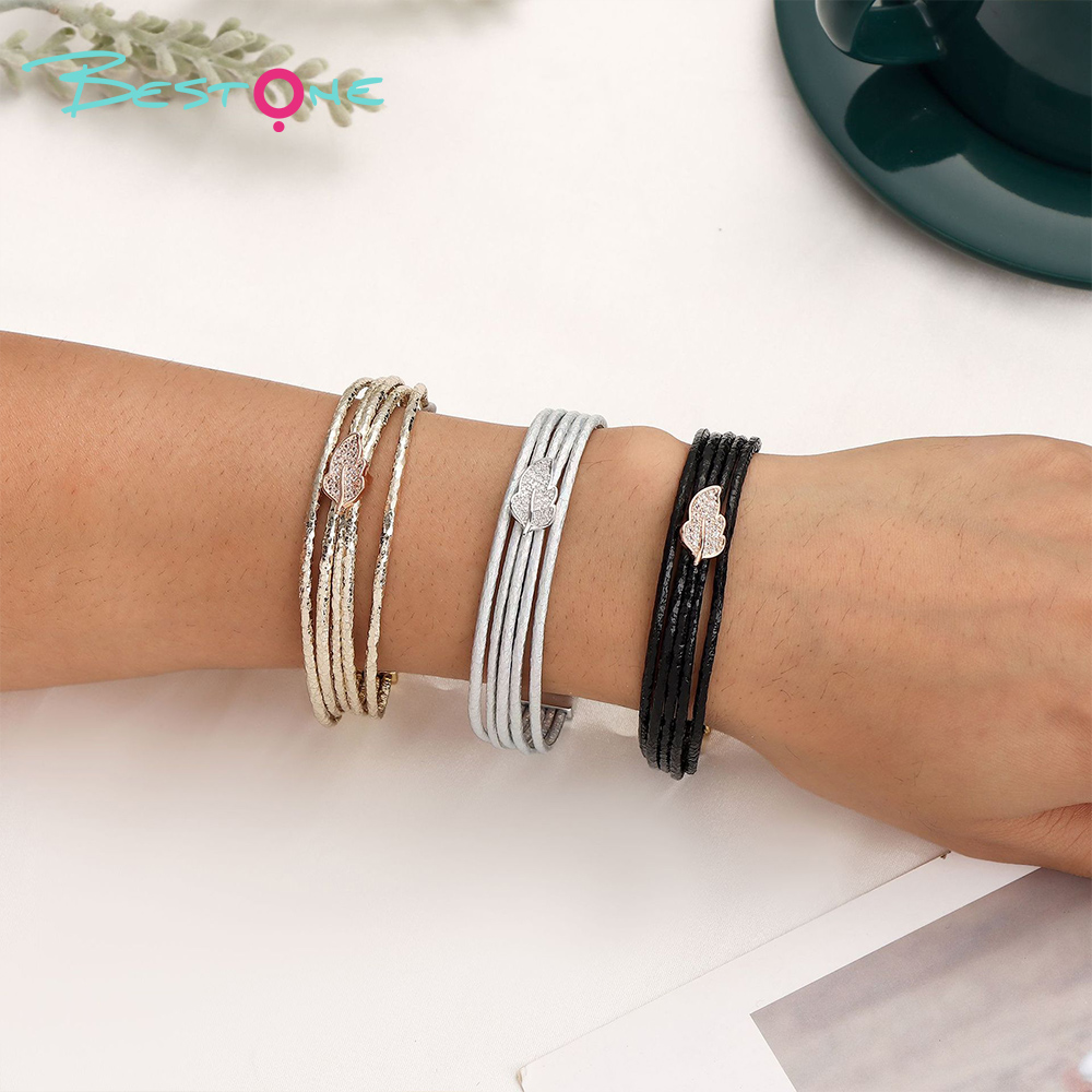 Женский многослойный кожаный браслет с листом и стразами, магнитная застёжка, модное украшение оптом