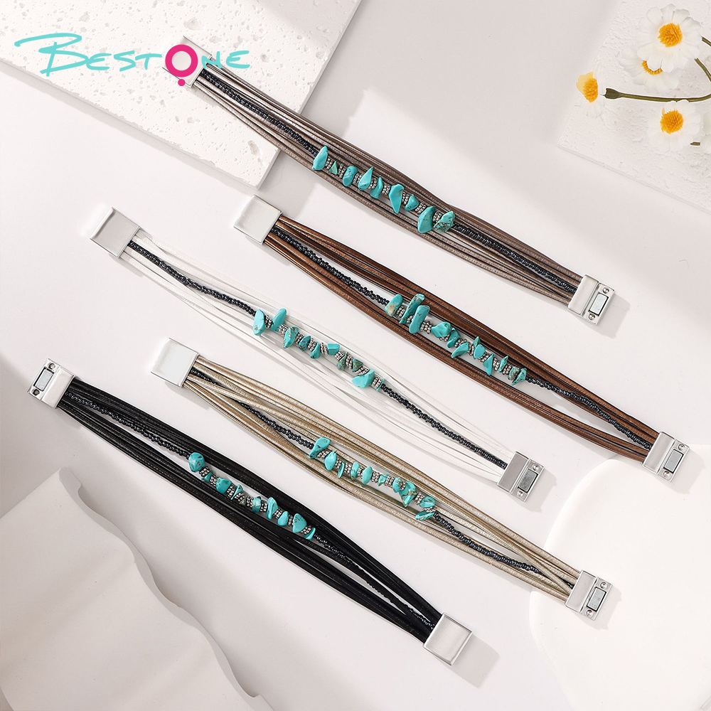 Женский многослойный браслет с бирюзой, кожаный браслет с натуральным камнем, магнитная застёжка, оптом