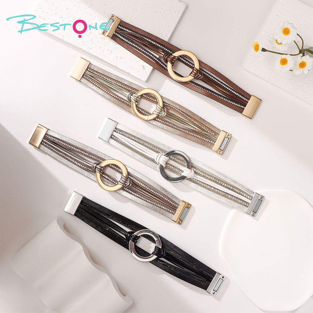 Женский многослойный кожаный браслет с кольцом и стразами, стиль boho, модное украшение оптом