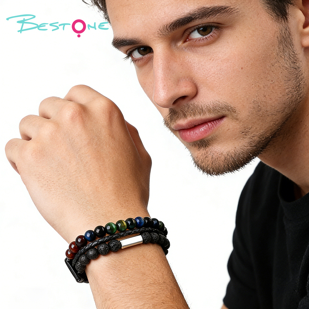 Мужской браслет с тигровым глазом и вулканическим камнем, кожаный плетёный браслет с магнитной застёжкой, оптом