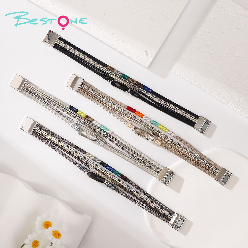 Женский многослойный кожаный браслет в стиле boho с плетением и стразами, магнитная застёжка, оптом