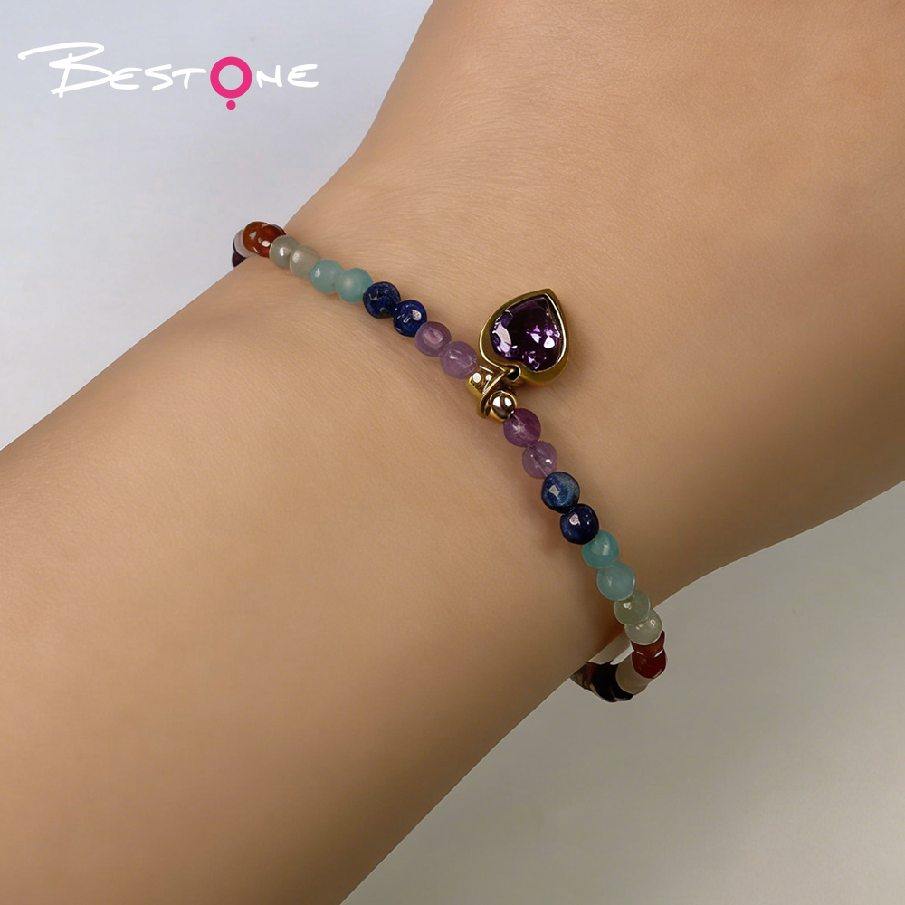 Женский регулируемый браслет с натуральными камнями и сердцем из циркония, тонкий плетёный браслет