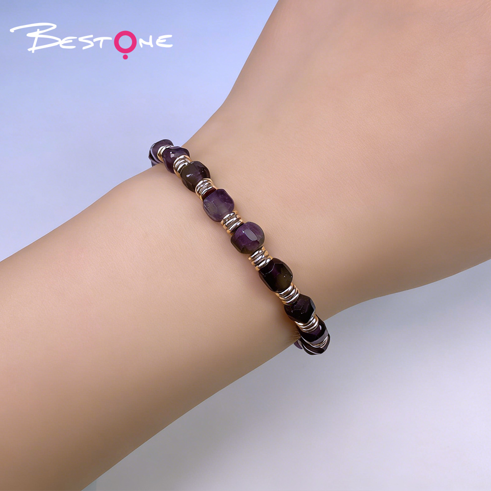 Женский браслет из натуральных камней с позолоченными элементами, браслет из тигрового глаза и аметиста, оптом