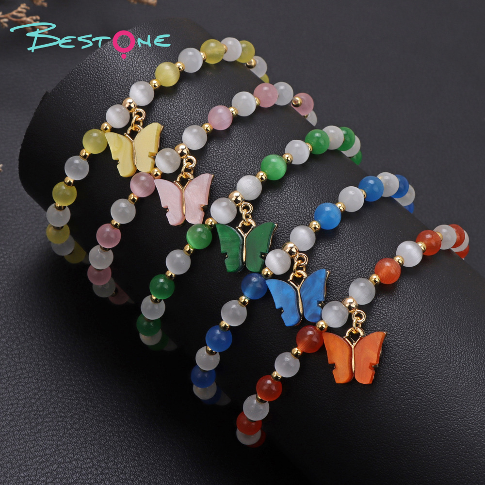 Браслет с подвеской «Бабочка» из кошачьего глаза 6 мм, с золотистыми бусинами, на эластичной нити